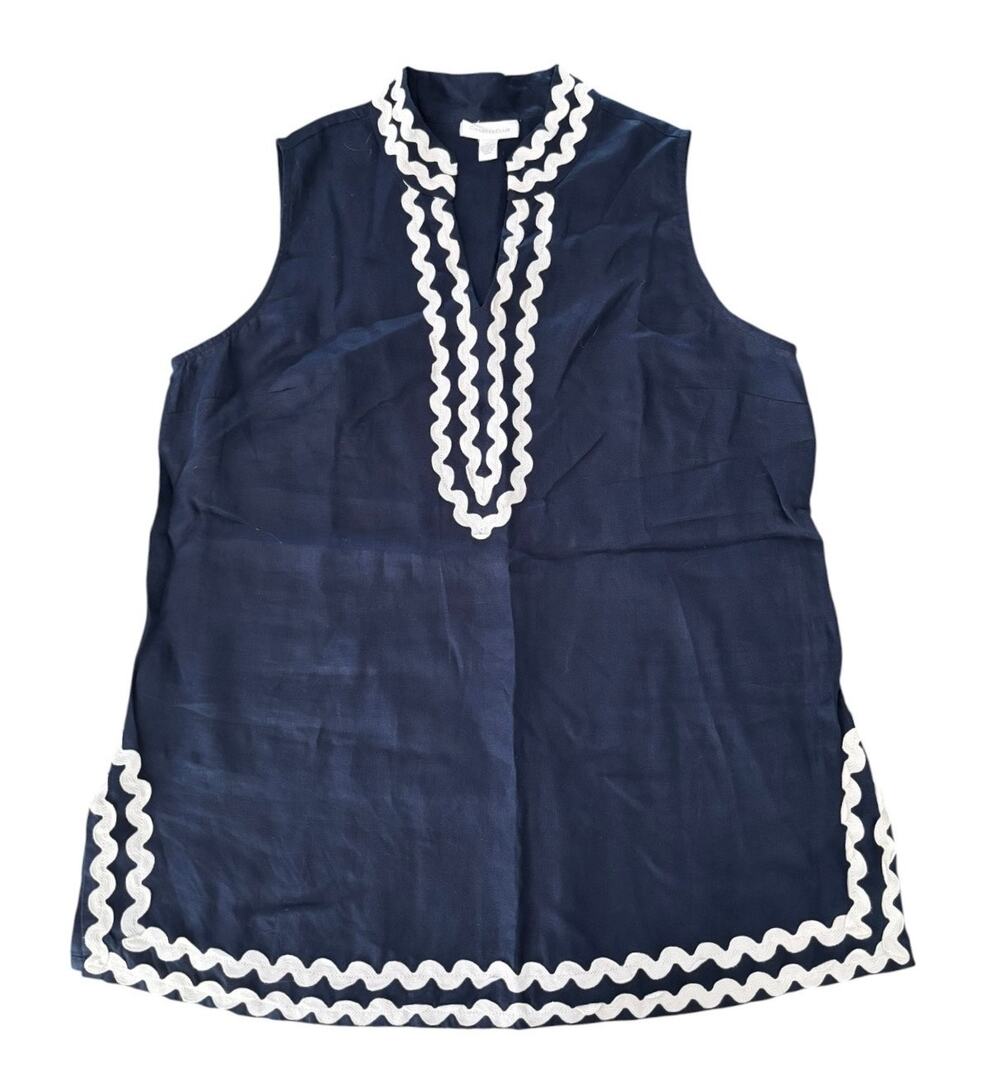 Charter Club 100% Linen Tunic Top Womens Large Navy Blue Nautical Preppy